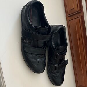 Prada Black Leather Velcro Slip-On Loafers